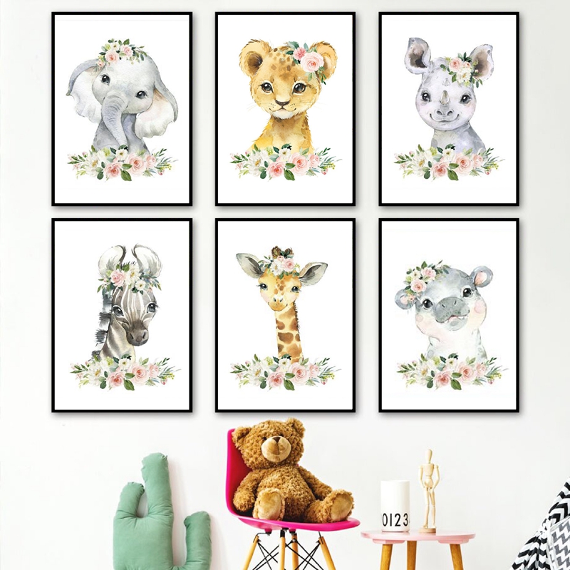 Baby Nursery Prints - 花柄ジャングル動物キャンバスプリント保育園装飾象キリン絵画壁写真北欧ポスター女の赤ちゃんの部屋用