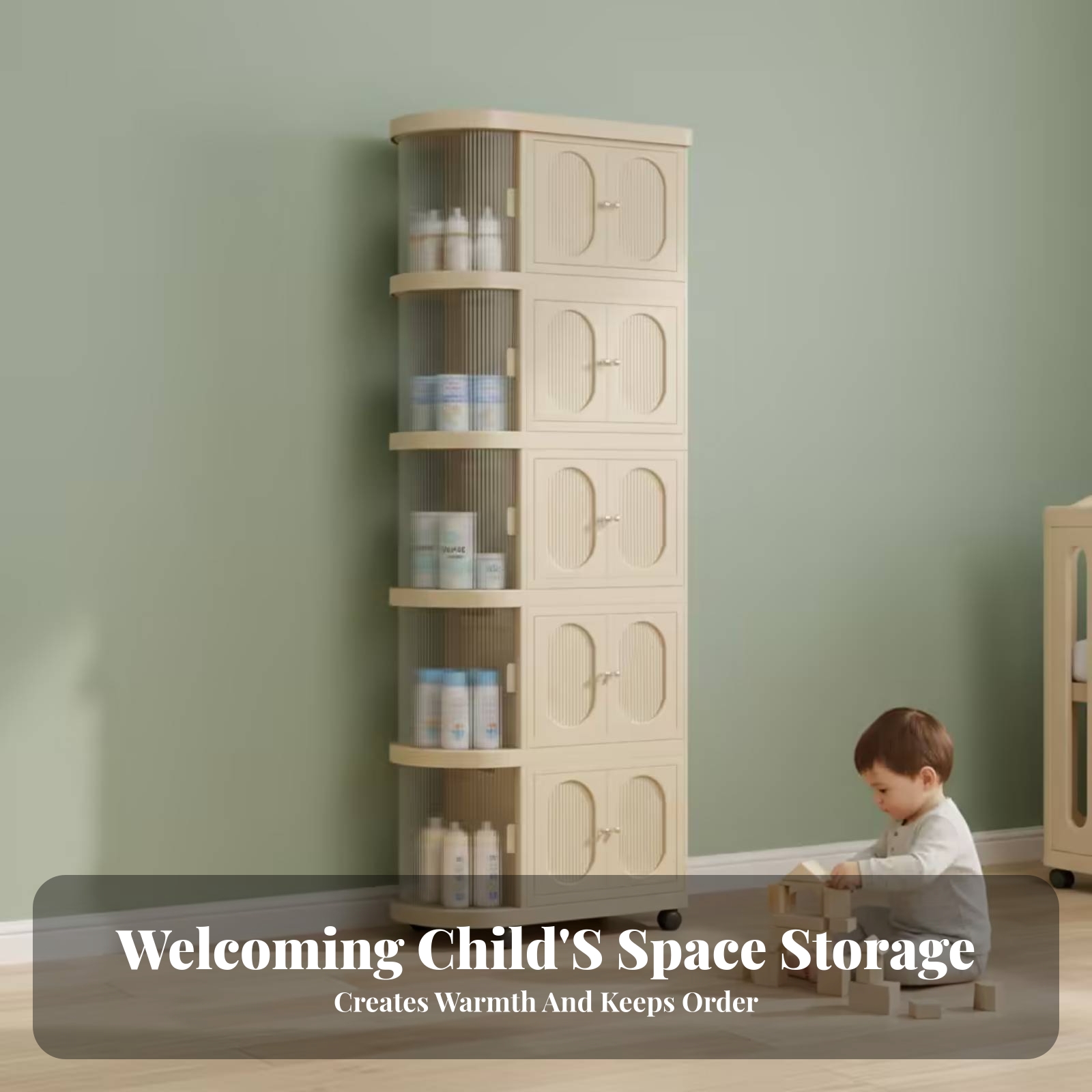 Baby Nursery Shelves - 5段ベビーキャビネット ウォームベージュ ローリングベビーキャビネット 保育園家具 ダブルドア 丸みを帯びたサイドシェルフ