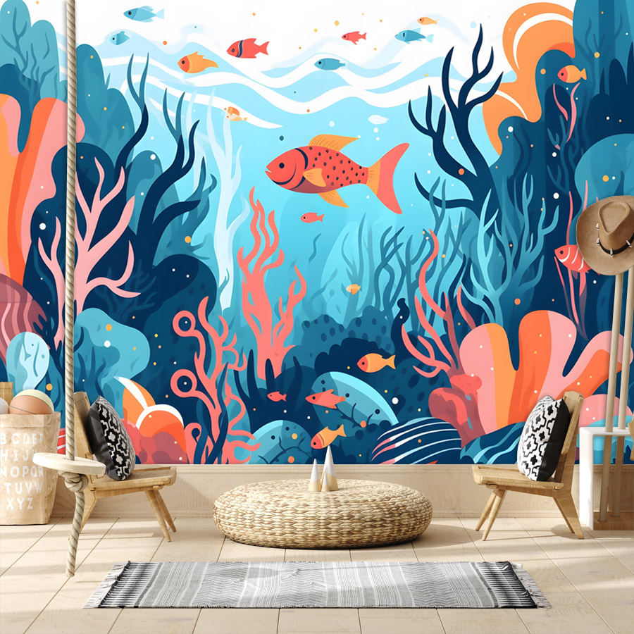 Baby Nursery Peel And Stick Wallpaper - 6+枚入り漫画風ピールアンドスティック壁紙 リビングルーム用 海の世界 魚柄ウォールアートペーパー ホームデコレーション 赤ちゃん子供部屋改装