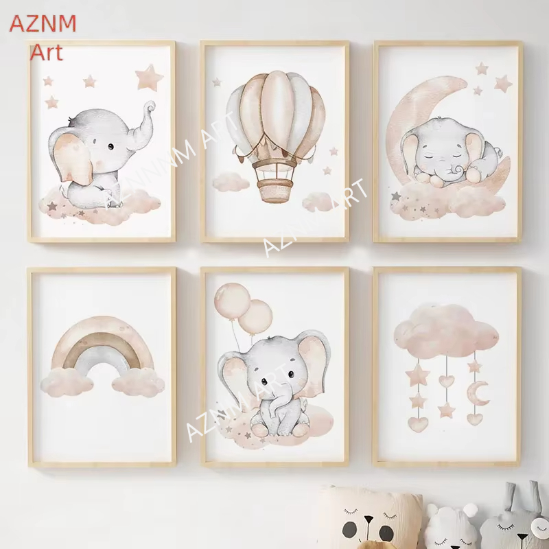 Baby Nursery Prints - 象バルーン虹月星雲スイングベビーキッズポスター壁アート保育園キャンバスプリントホームルーム装飾写真
