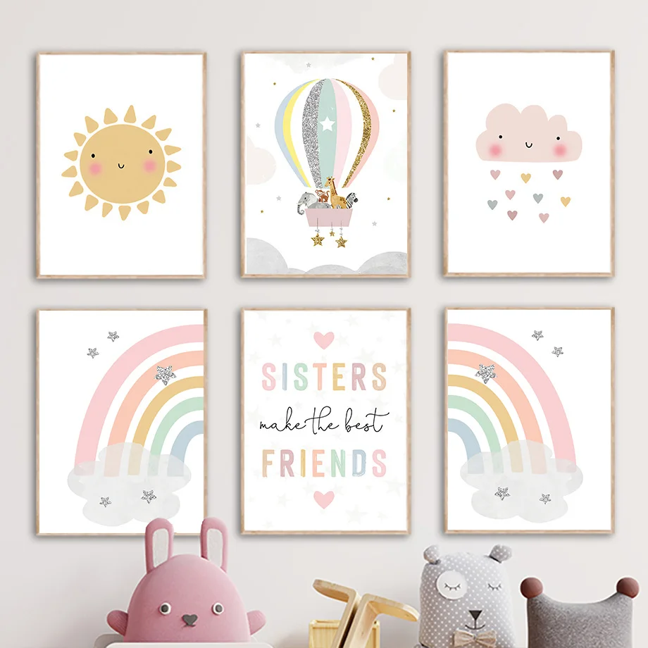 Baby Nursery Products - キリン象熱気球太陽虹保育園北欧ポスターやプリント壁アートキャンバス絵画画像ベビーキッズルーム装飾