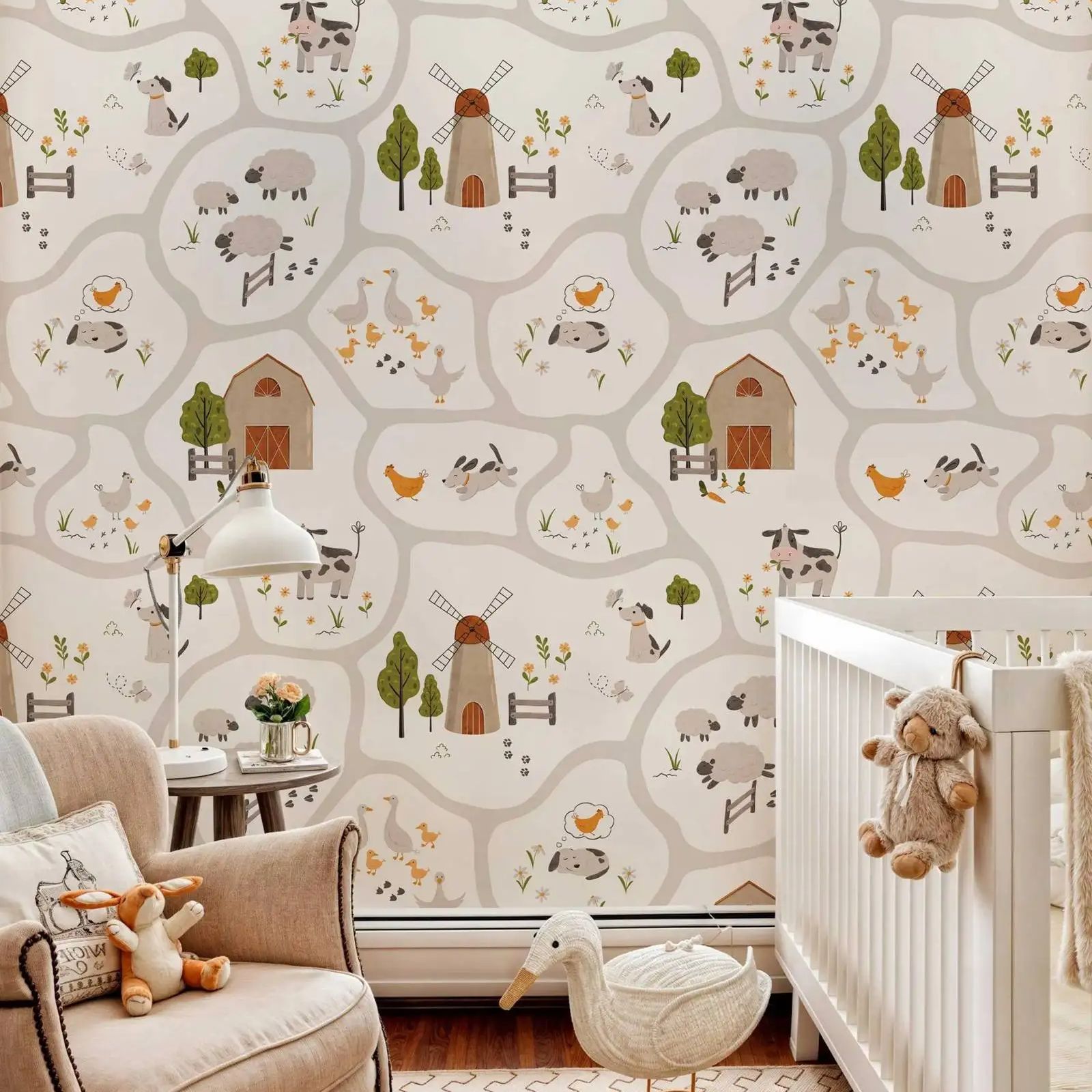 Baby Nursery Peel And Stick Wallpaper - かわいい家畜キッズ壁紙ピールアンドスティック、保育園の壁の装飾、農家のベビーキッズ壁紙、自己粘着または伝統的