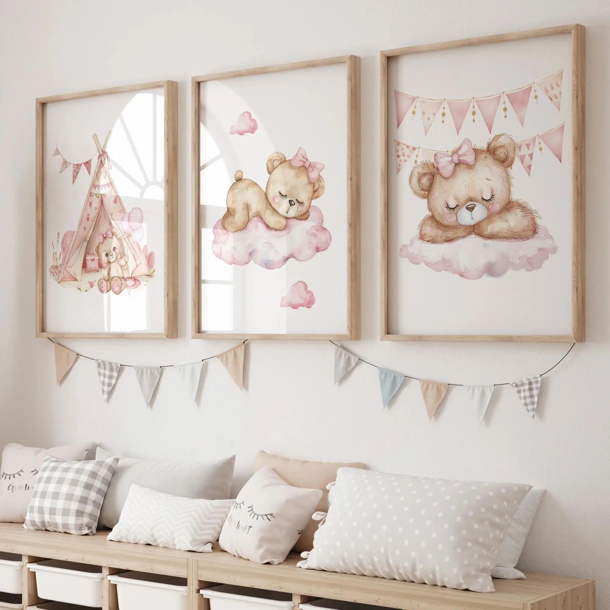 Baby Nursery Prints - ピンクドリームベアカルーセルテントスイング壁アートプリントキャンバス絵画ポスター画像リビングベッドルームキッズルーム家の装飾
