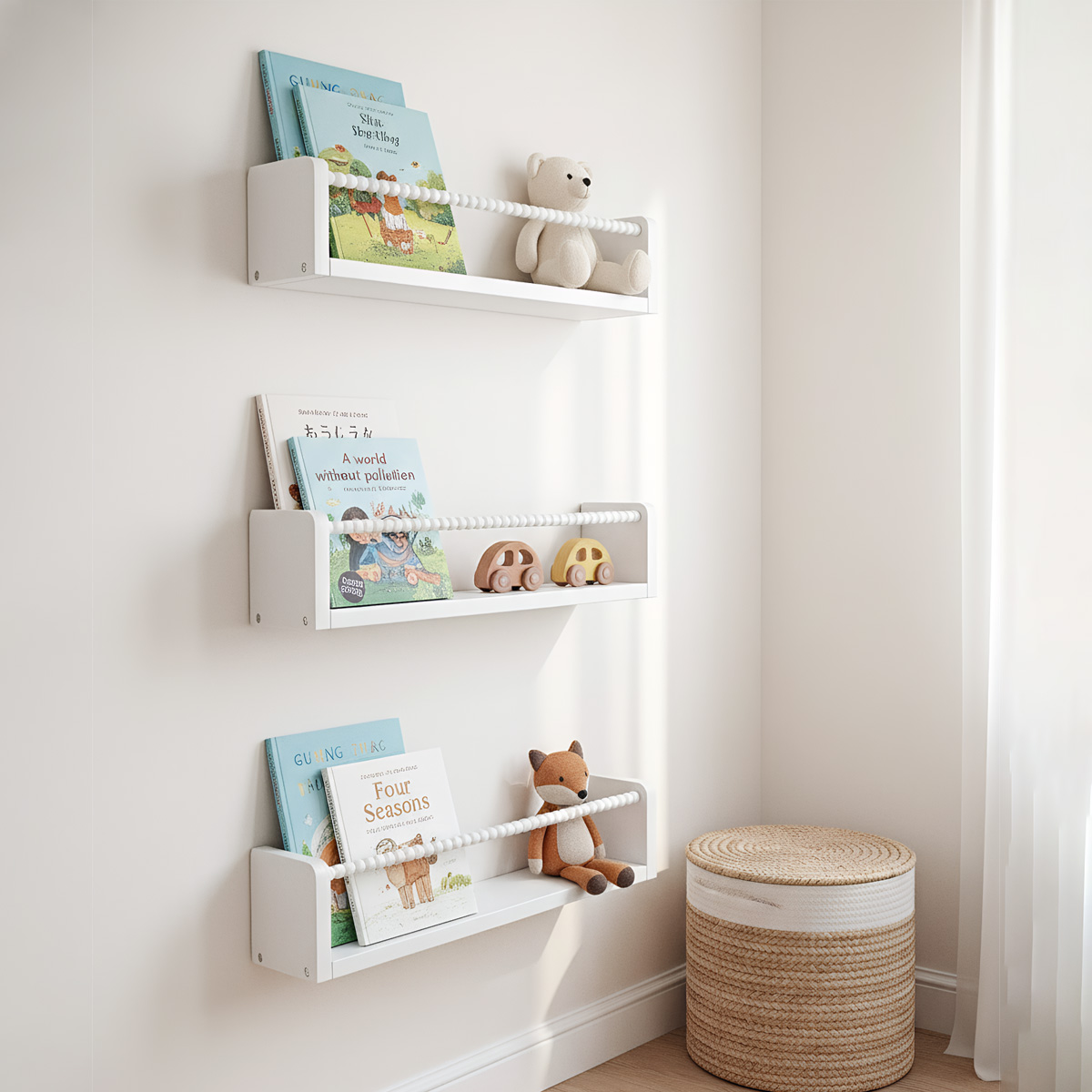 Baby Nursery Shelves - 保育園用本棚、15.7インチ木製壁掛け本棚3個セット、ベビーキッズデコレーション、無垢材壁掛け棚