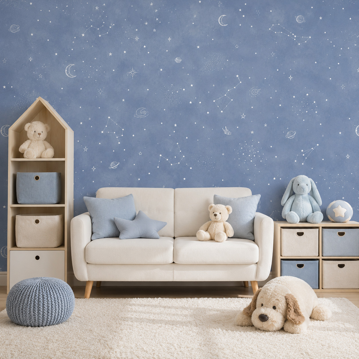 Baby Nursery Peel And Stick Wallpaper - 青い星空の自己粘着壁紙、子供部屋用ウォールステッカー、剥がして貼るだけのキッズルーム・ベビールーム用星座装飾