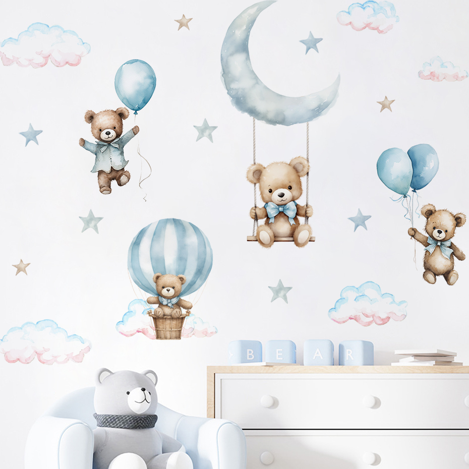 Baby Nursery Decor Boy - 水彩クマ熱気球雲ウォールステッカーブルーカラーキッズルームベビー保育園ルームウォールステッカー男の子ルームステッカー