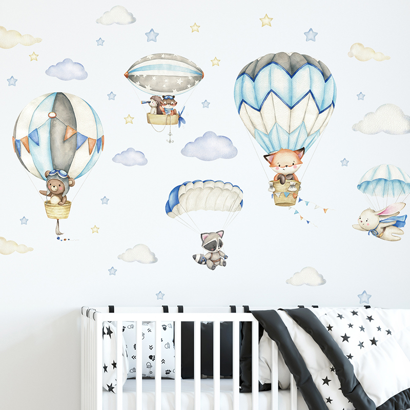 Baby Nursery Products - 漫画かわいい動物熱気球ウォールステッカーキッズルームベビー保育園ルーム壁飾り寝室の装飾家の装飾 PVC