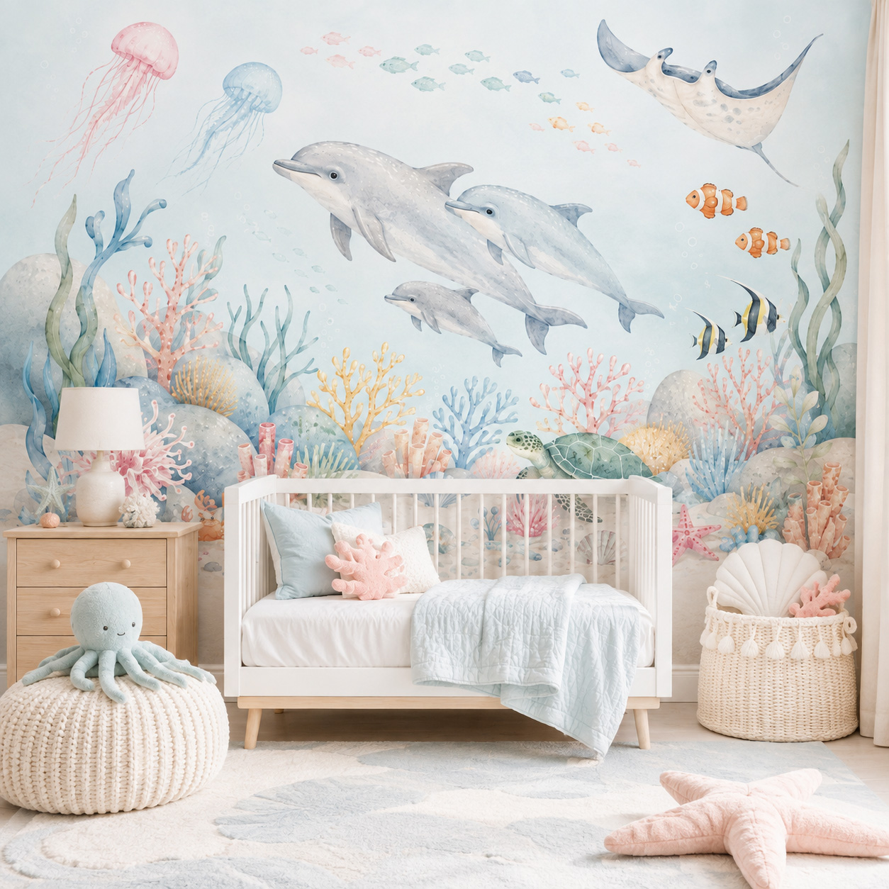 Baby Nursery Peel And Stick Wallpaper - 水中の海の動物柄の自己粘着壁紙、イルカとサンゴ礁の壁画、剥がして貼るだけの子供部屋・ベビールーム装飾