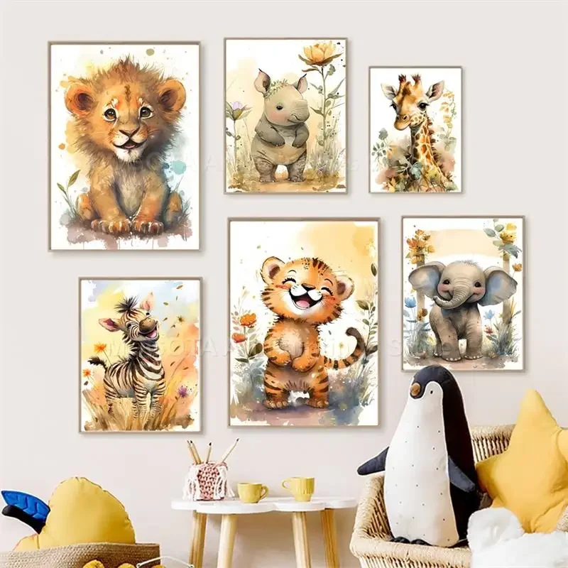Baby Nursery Prints - 水彩画ライオンキリン虎象ゼブラ保育園壁アートキャンバス絵画動物ポスタープリント写真ベビーキッズルームデコレーション