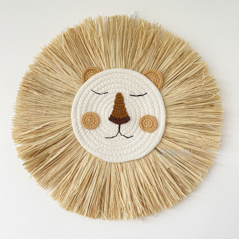 Baby Nursery Products - 北欧風手作りライオンの壁飾り、綿糸と藁で編まれた動物の頭の形をした壁掛け飾り、子供部屋の装飾に