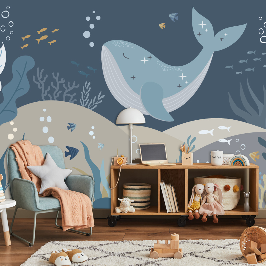 Baby Nursery Peel And Stick Wallpaper - 10種類以上の可愛い漫画のクジラの壁紙、寝室、海のテーマの保育園、男の子の部屋用の剥がして貼るだけの海の動物のウォールアート装飾