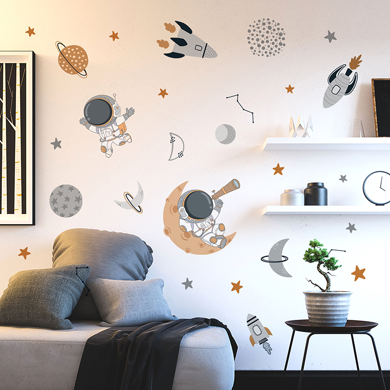 Baby Nursery Decor Boy - 漫画宇宙飛行士惑星ロケットウォールステッカー自己粘着子供部屋用赤ちゃん男の子寝室保育園壁装飾