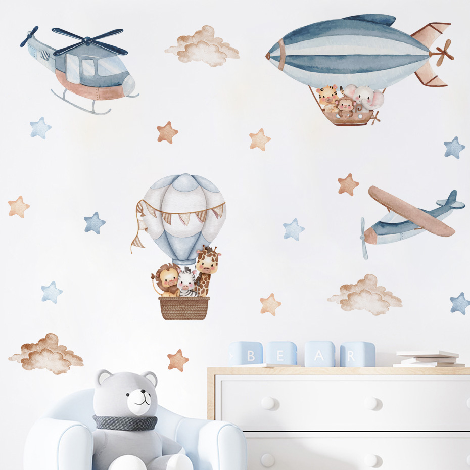 Baby Nursery Decor Boy - 水彩動物熱気球雲ウォールステッカーキッズルームベビー保育園ルームウォールステッカー男の子ルームステッカーウォールステッカー