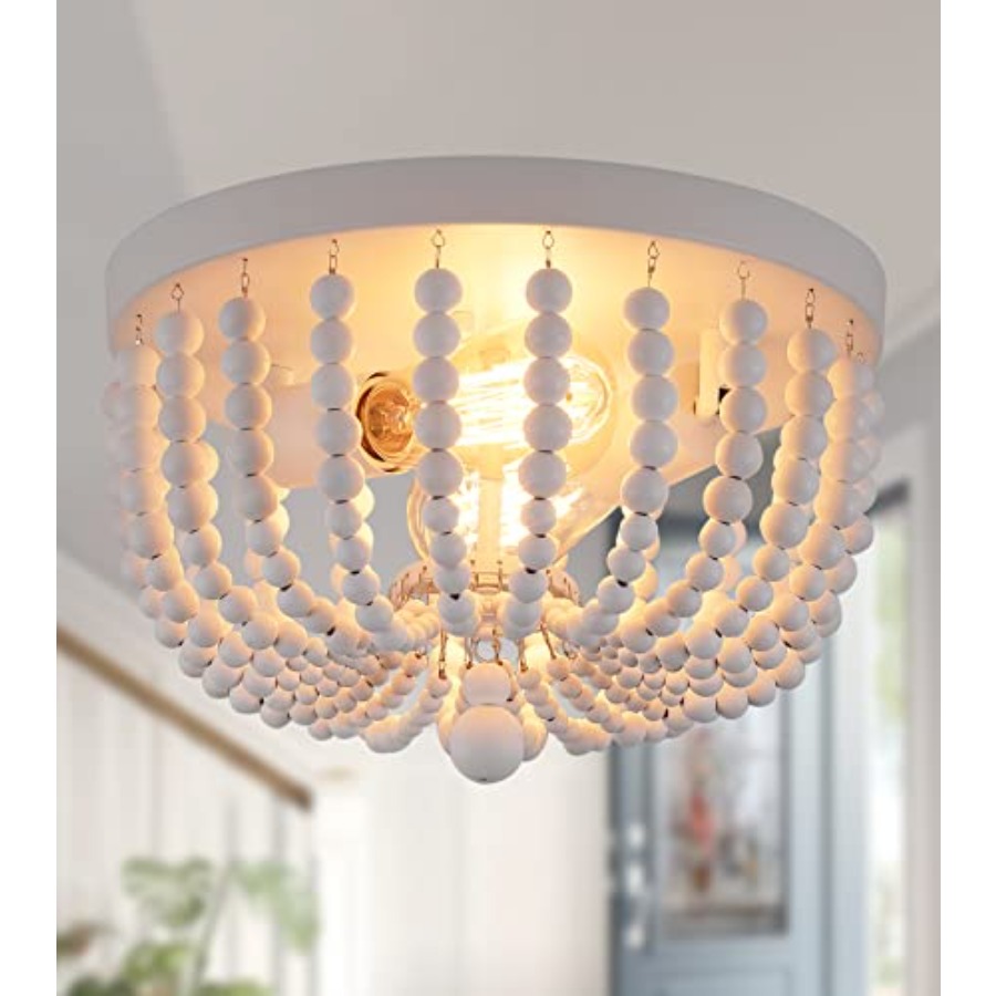 Baby Nursery Chandelier - フラッシュマウント天井照明器具、2灯式木製ビーズボヘミアンシャンデリア、保育園、子供部屋、寝室、ダイニングルーム、リビングルーム用