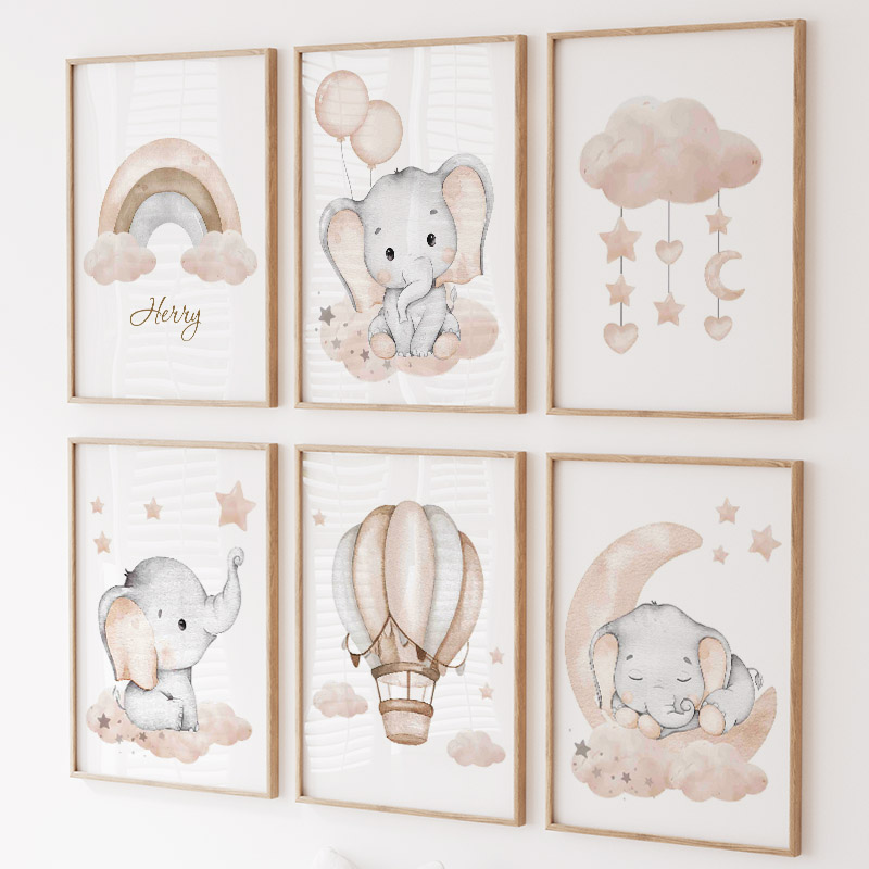 Baby Nursery Prints - かわいい象熱気球ムーン虹雲保育園壁アートキャンバス絵画ポスターやプリント写真ベビーキッズルームの装飾