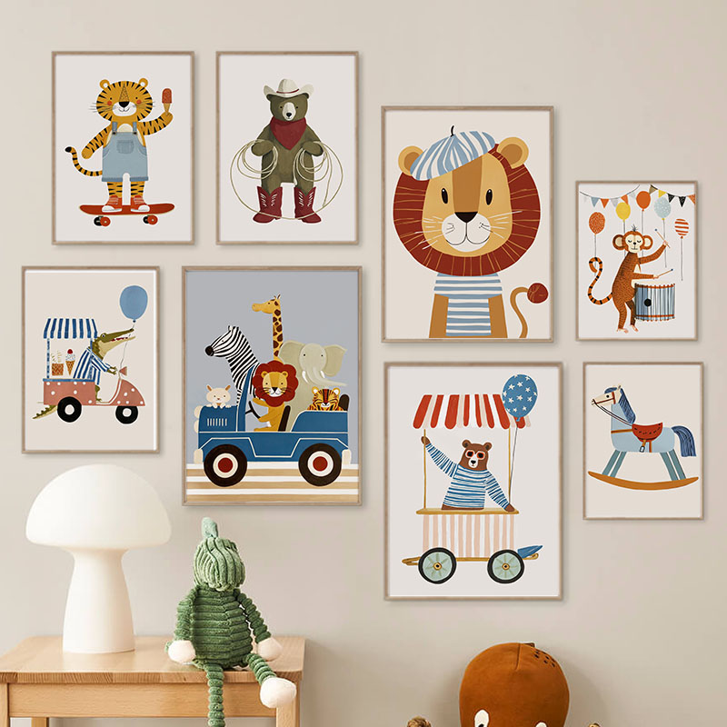 Baby Nursery Products - 面白い漫画の動物車風船保育園ウォールアートキャンバス絵画ライオンベアタイガーポスター＆プリント写真ベビーキッズルームデコレーション