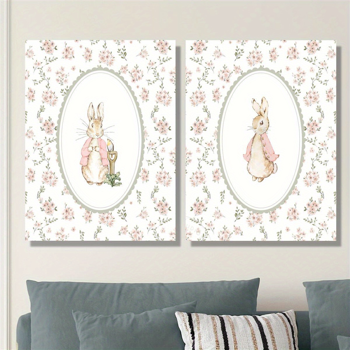 Baby Nursery Prints - 2枚セット レトロなイースターラビットキャンバスプリントアート、額なしの花柄ガールズ保育園ウォールアート、ヴィンテージラビット保育園プリント、家の装飾用