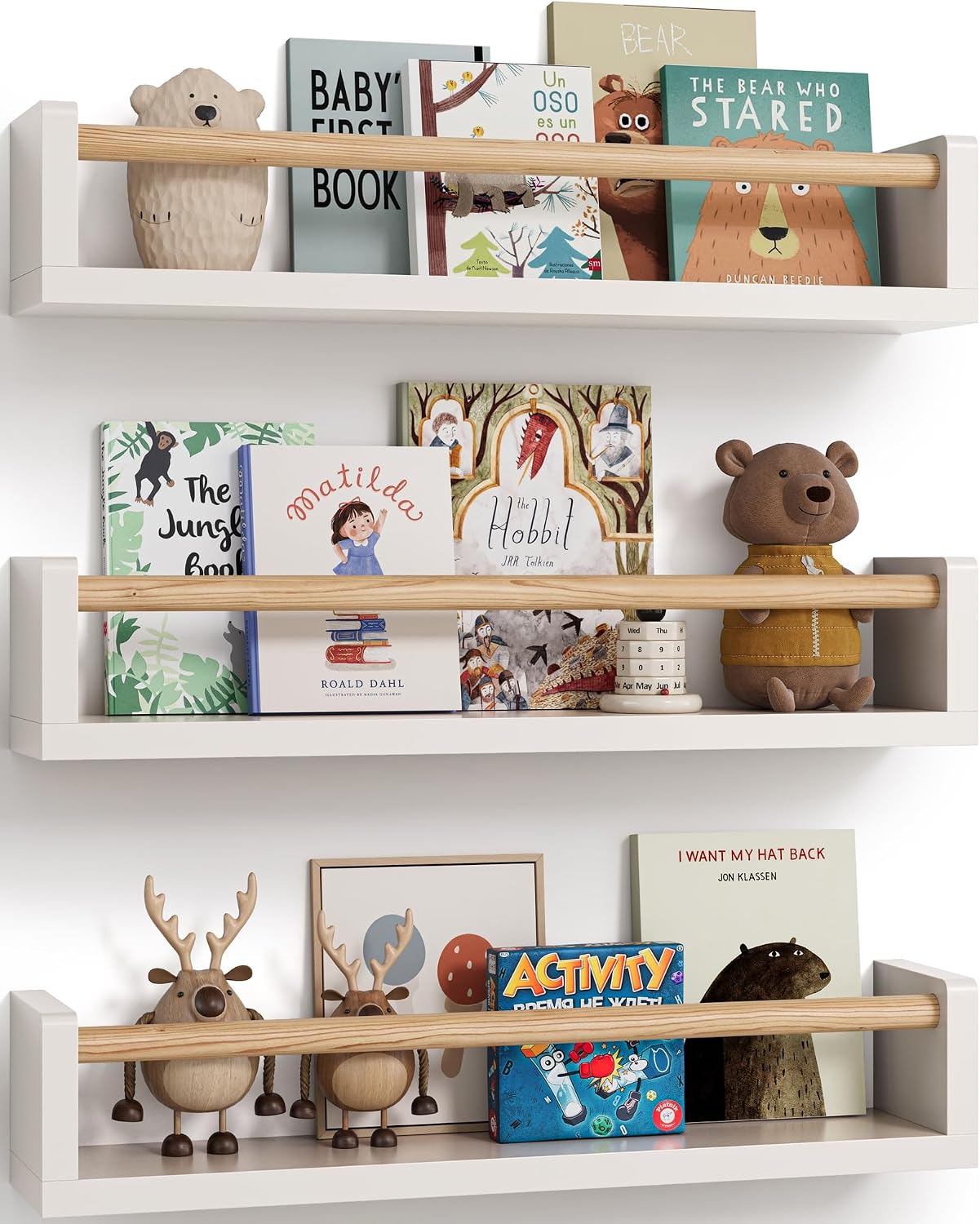 Baby Nursery Shelves - 3段のフローティング子供用本棚、壁掛け式キッズブックシェルフ、寝室用、赤ちゃん、幼児、子供部屋の装飾や本の展示に。