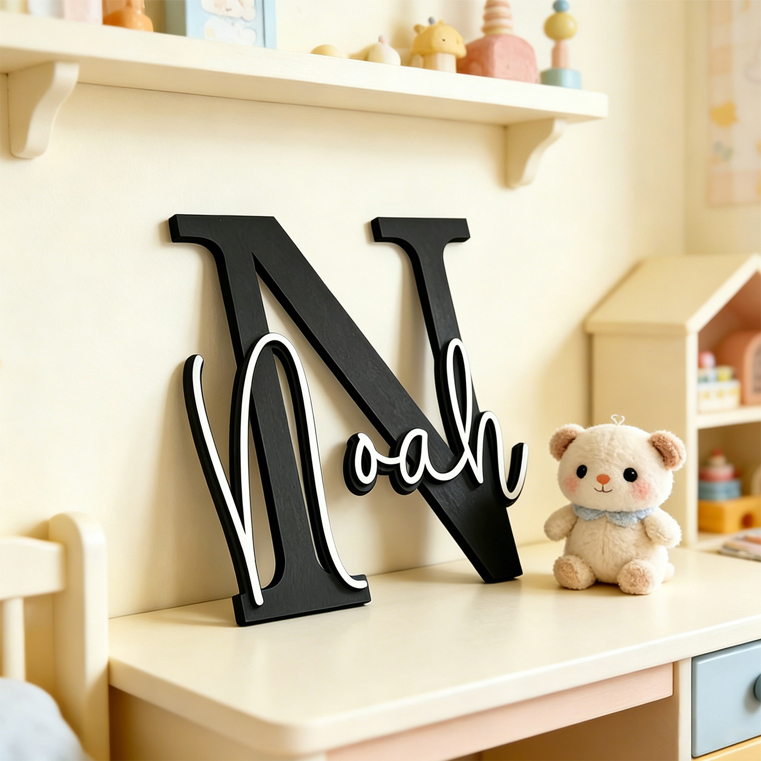 Baby Nursery Decor Boy - 1個入りパーソナライズされた二層木製姓札、名前をカスタマイズ可能、多様なシーンで装飾可能、完璧なホリデーギフト