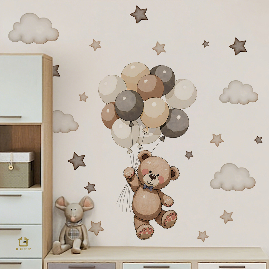 Baby Nursery Products - 愛らしいテディベアの壁用ステッカー、風船、星、雲付きの取り外し可能な装飾、子供の寝室、プレイルーム、ベビーナーサリー用