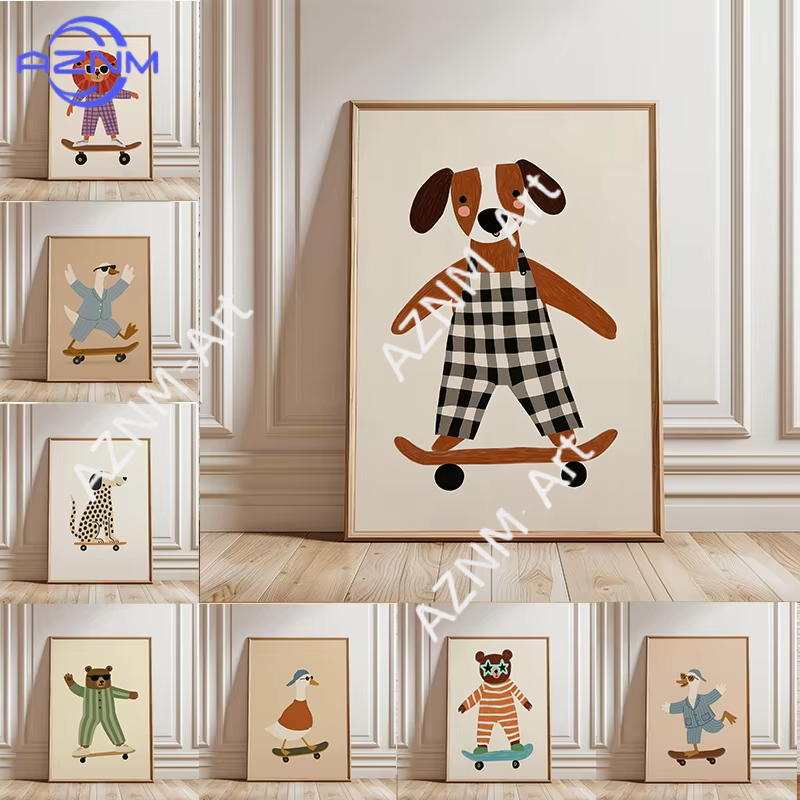 Baby Nursery Products - 1PC 面白い動物スケートボードポスタートレンディなガチョウアヒル犬スケートキャンバス絵画壁アートベビー保育室家の装飾用