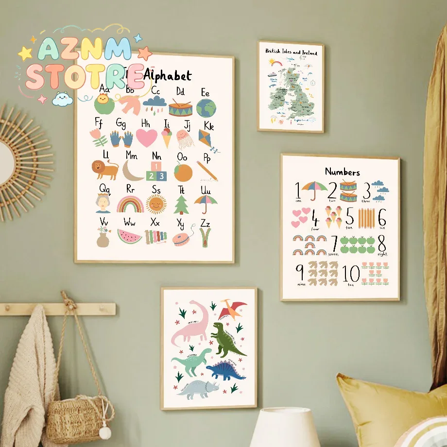 Baby Nursery Products - 動物世界地図 恐竜 アルファベット 数字 キャンバス ウォールアート