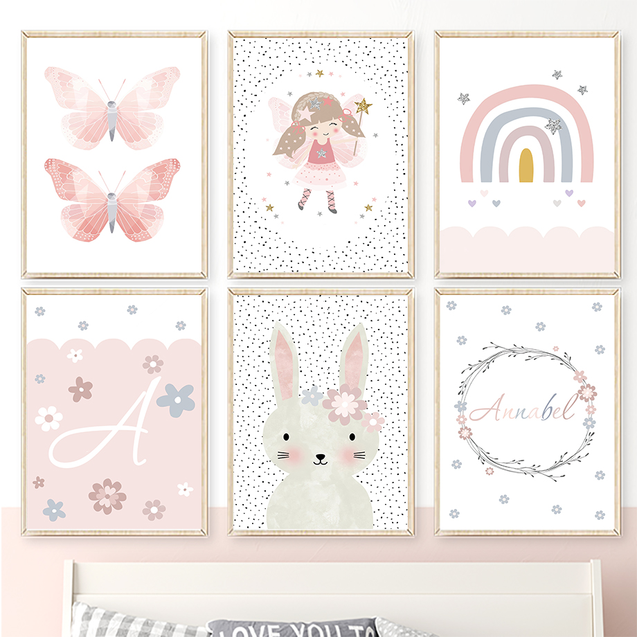 Baby Nursery Posters - かわいい女の子ウサギ花蝶虹壁アートキャンバス絵画保育園ポスターとプリント壁の絵ベビーキッズルームデコレーション