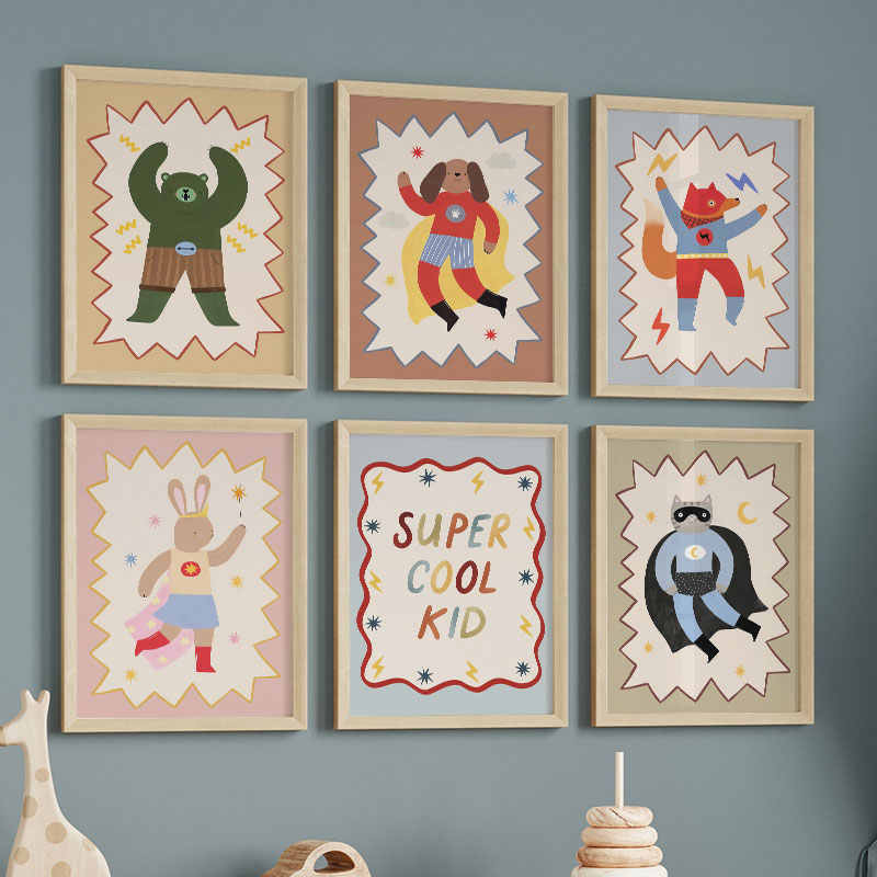 Baby Nursery Products - 面白い漫画の超クールな子供部屋の壁飾りキャンバス絵画、クマ、ウサギ、キツネのポスター＆プリント、赤ちゃん子供部屋の装飾用絵画