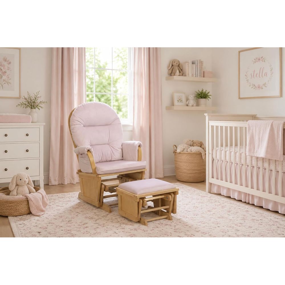 Baby Nursery Nurse - マディソンナーサリーロッキングチェア、オットマン付き、木製グライダーまたは授乳用、スムーズな滑り出しロッカー、天然木とピンクの生地