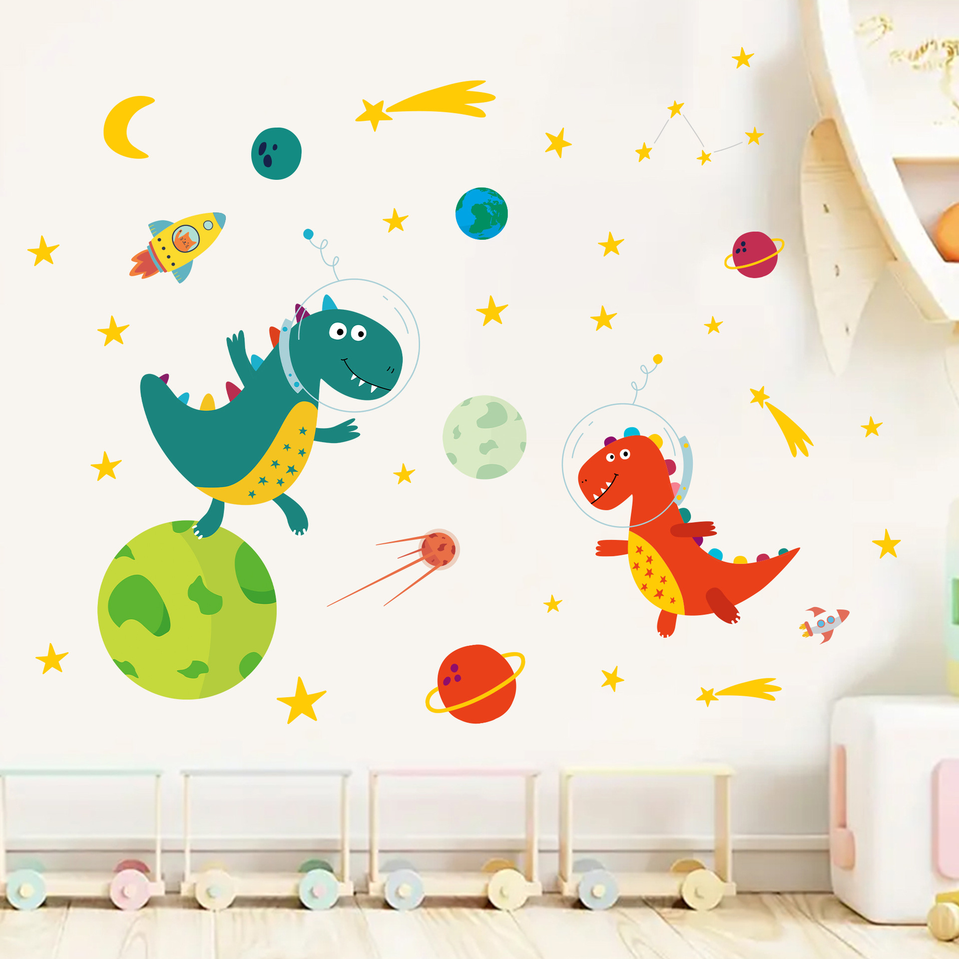 宇宙飛行士と恐竜のウォールステッカー,宇宙船,ロケット,惑星 - Baby Nursery Decor Boy のレビューと価格