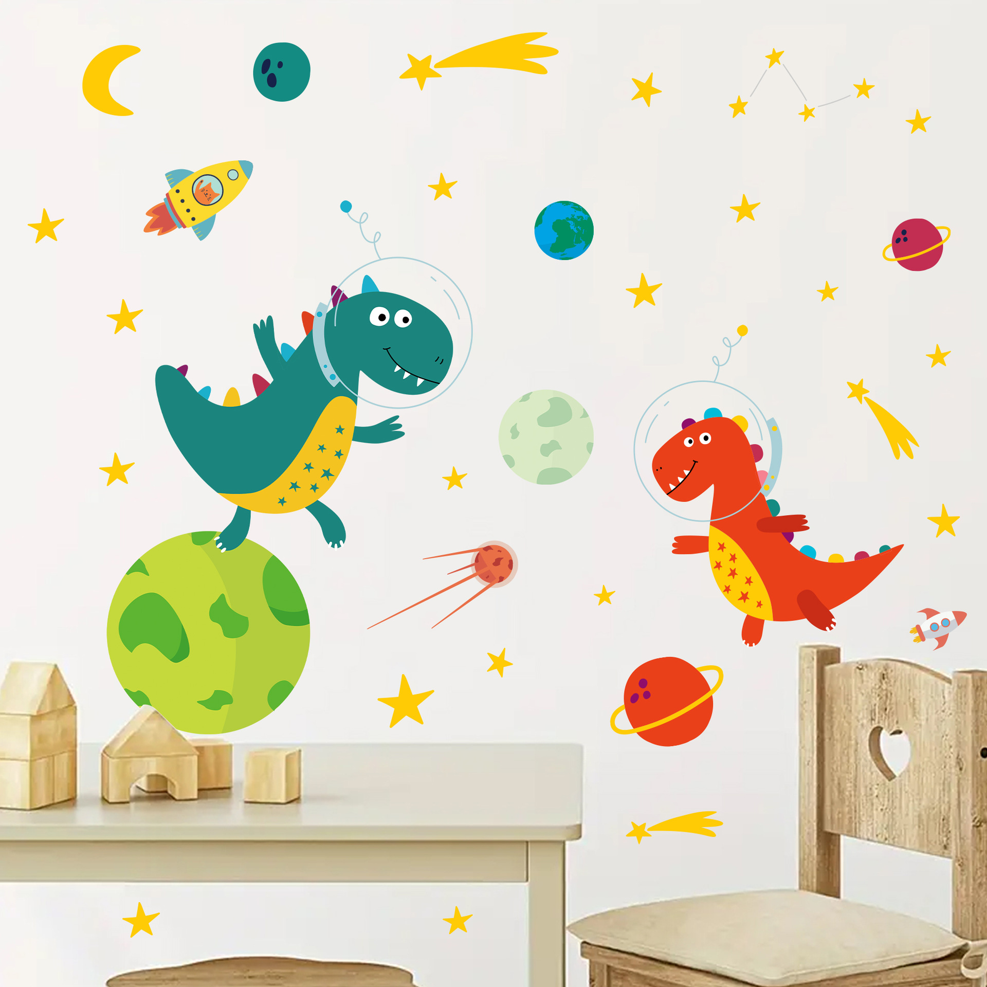 宇宙飛行士と恐竜のウォールステッカー,宇宙船,ロケット,惑星 - Baby Nursery Decor Boy のレビューと価格