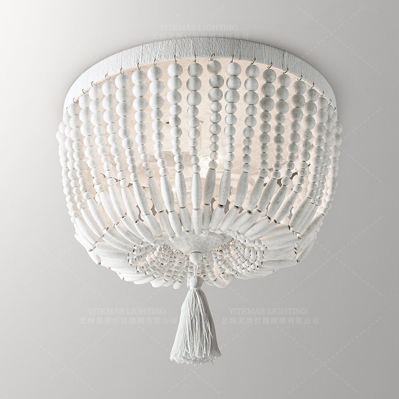 風化した白い木製のビーズで構成された吊り下げ式シーリングライ - Baby Nursery Chandelier のレビューと価格