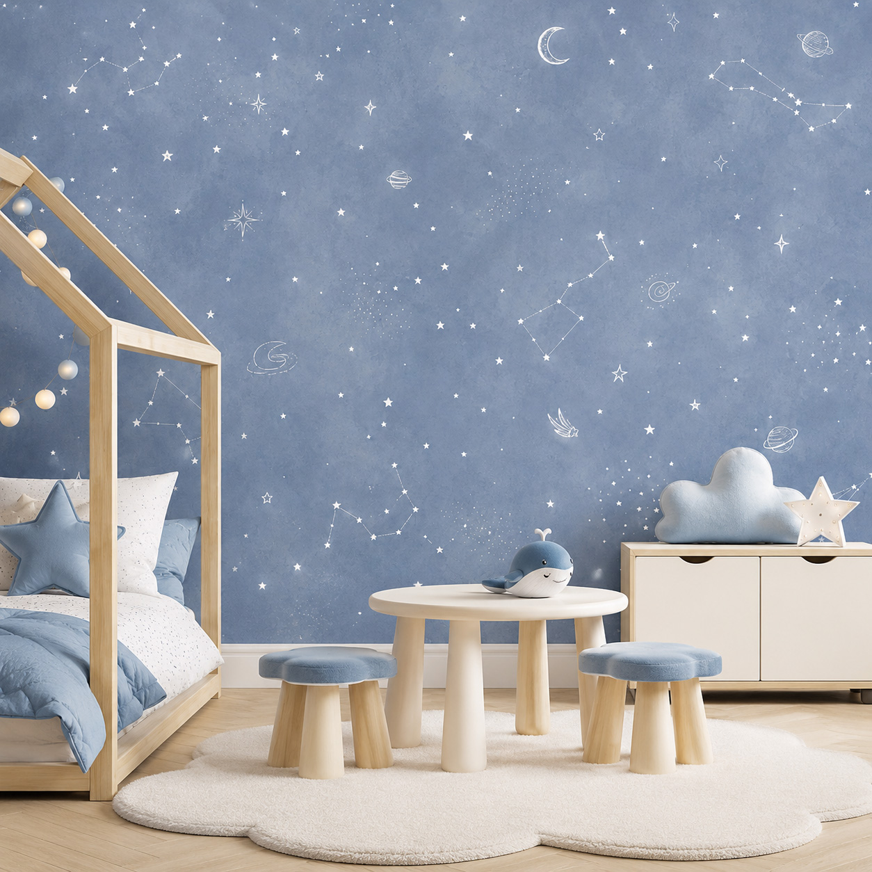 青い星空の自己粘着壁紙、子供部屋用ウォールステッカー、剥がし - Baby Nursery Peel And Stick Wallpaper のレビューと価格