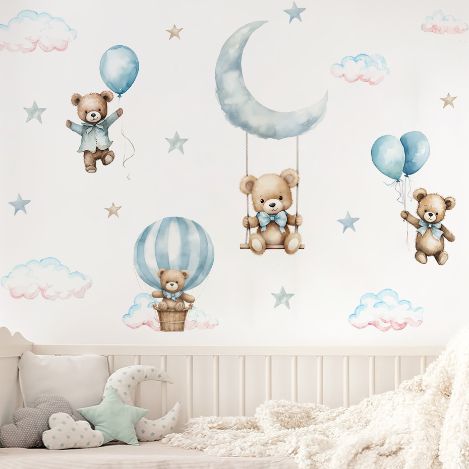 水彩クマ熱気球雲ウォールステッカーブルーカラーキッズルームベ - Baby Nursery Decor Boy のレビューと価格