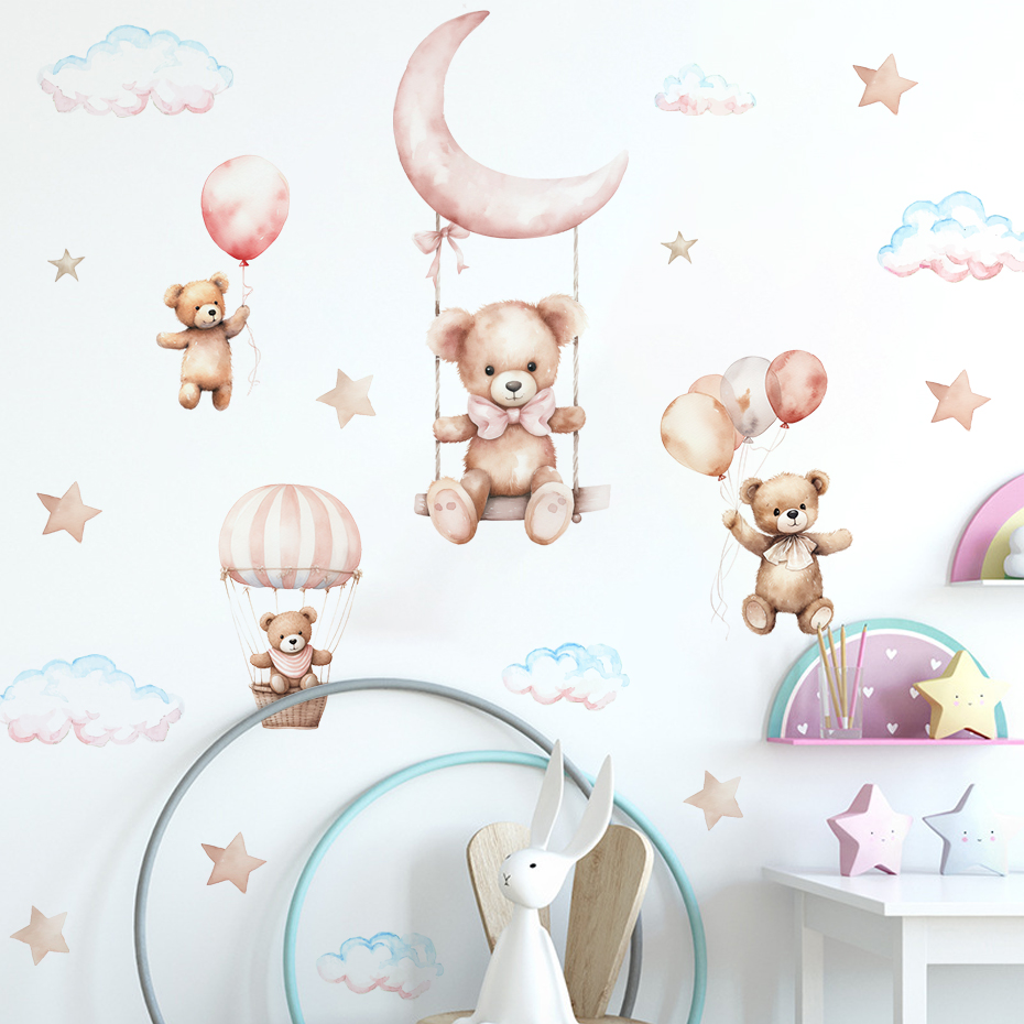 水彩クマ熱気球雲ウォールステッカーブルーカラーキッズルームベ - Baby Nursery Decor Boy のレビューと価格