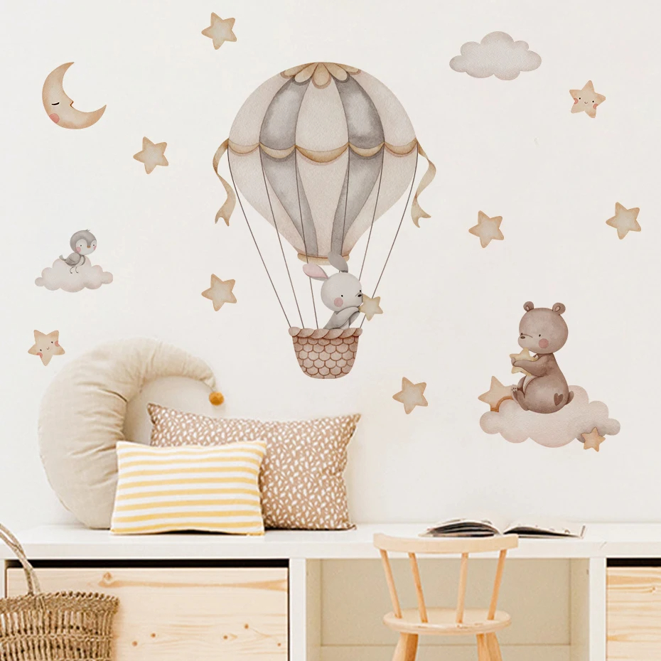 水彩クマ熱気球雲ウォールステッカーブルーカラーキッズルームベ - Baby Nursery Decor Boy のレビューと価格