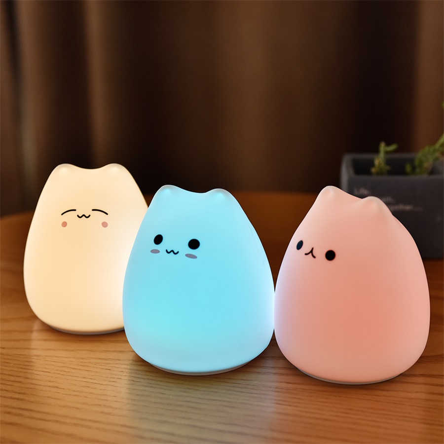 かわいい猫ナイトライトベビーキッズ漫画 7 色シリコーン睡眠 - Baby Nursery Egg Light のレビューと価格