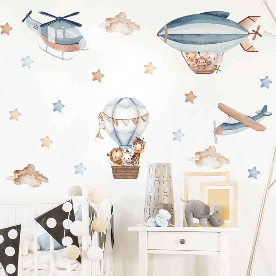 水彩動物熱気球雲ウォールステッカーキッズルームベビー保育園ル - Baby Nursery Decor Boy のレビューと価格