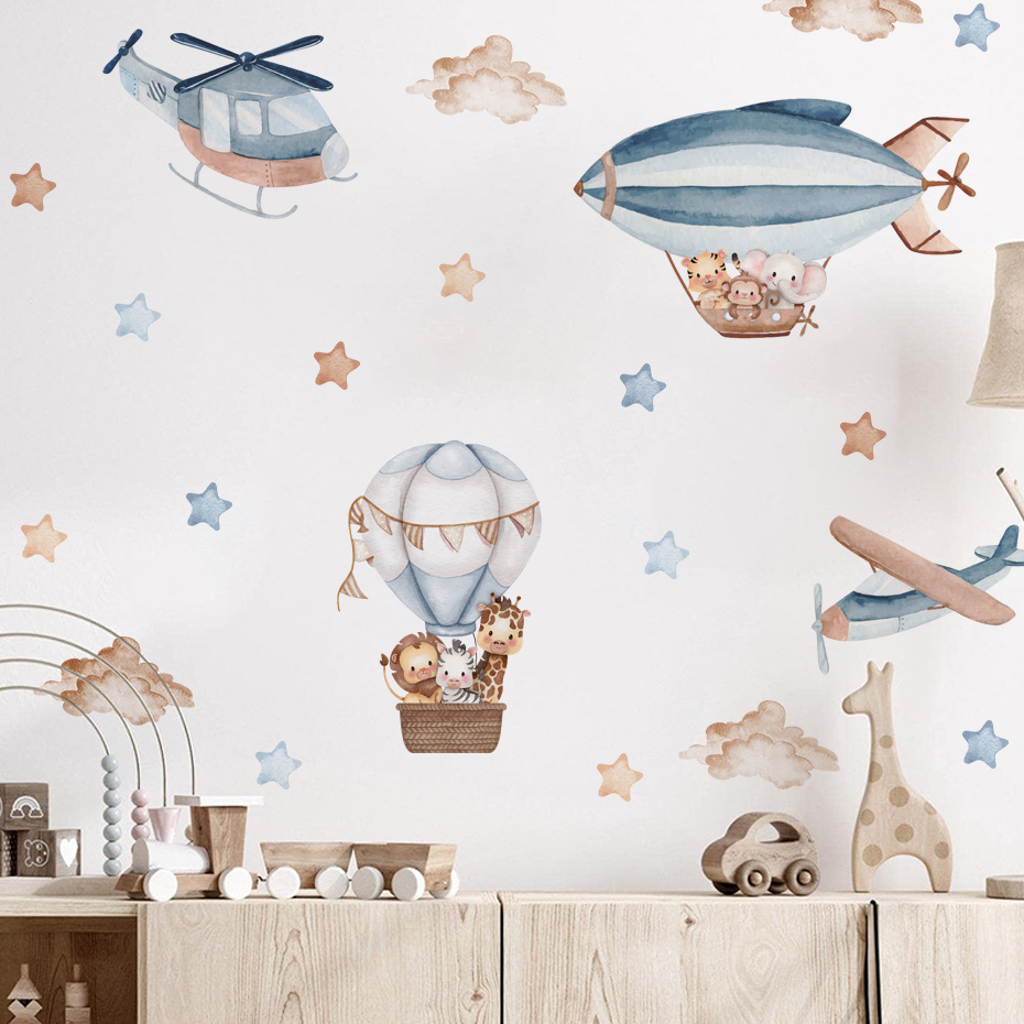 水彩動物熱気球雲ウォールステッカーキッズルームベビー保育園ル - Baby Nursery Decor Boy のレビューと価格