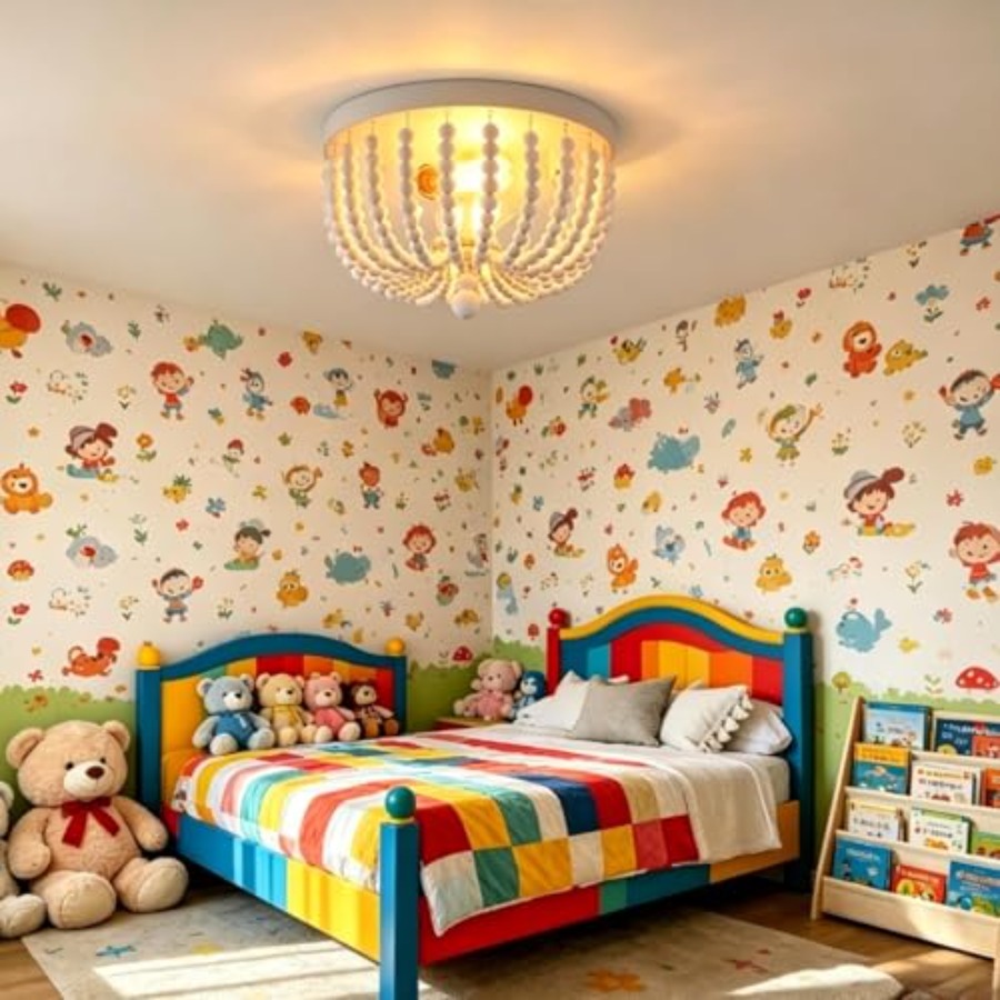 フラッシュマウント天井照明器具、2灯式木製ビーズボヘミアンシ - Baby Nursery Chandelier のレビューと価格