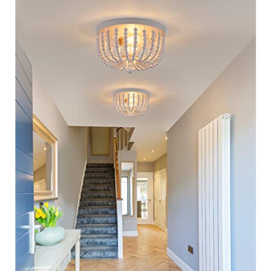フラッシュマウント天井照明器具、2灯式木製ビーズボヘミアンシ - Baby Nursery Chandelier のレビューと価格
