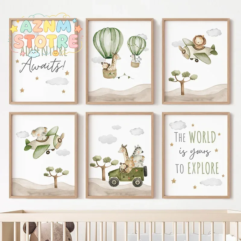 熱気球動物ポスター キャンバス絵画 ゾウ ライオン キリン  - Baby Nursery Posters のレビューと価格