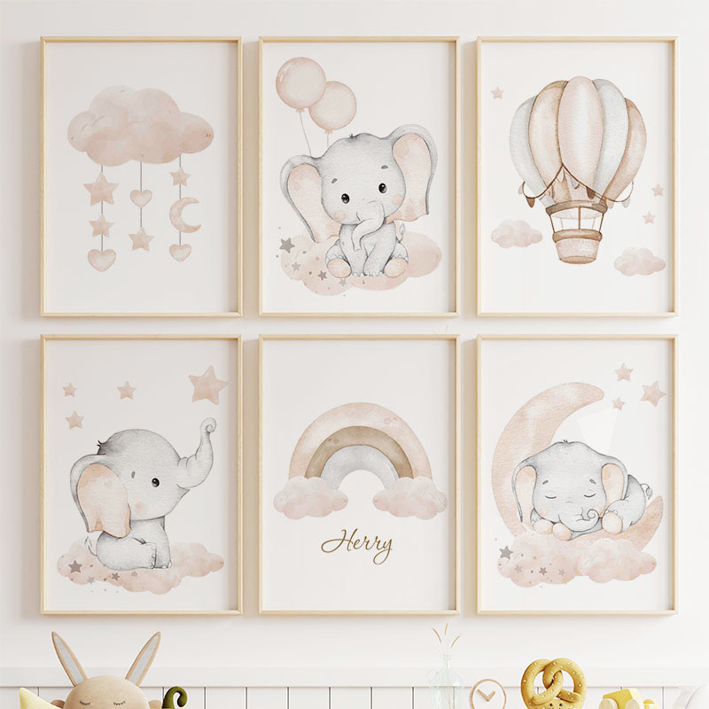 かわいい象熱気球ムーン虹雲保育園壁アートキャンバス絵画ポスタ - Baby Nursery Prints のレビューと価格