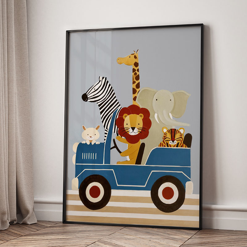 面白い漫画の動物車風船保育園ウォールアートキャンバス絵画ライ - Baby Nursery Products のレビューと価格