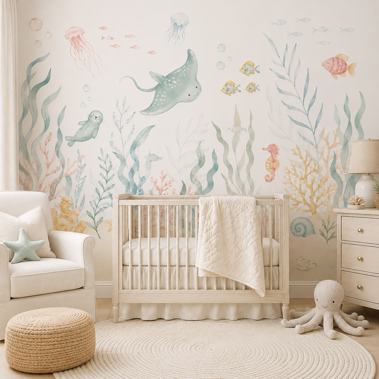 海洋動物柄の自己粘着壁紙 パステルカラーの海の生き物 ウォー - Baby Nursery Peel And Stick Wallpaper のレビューと価格
