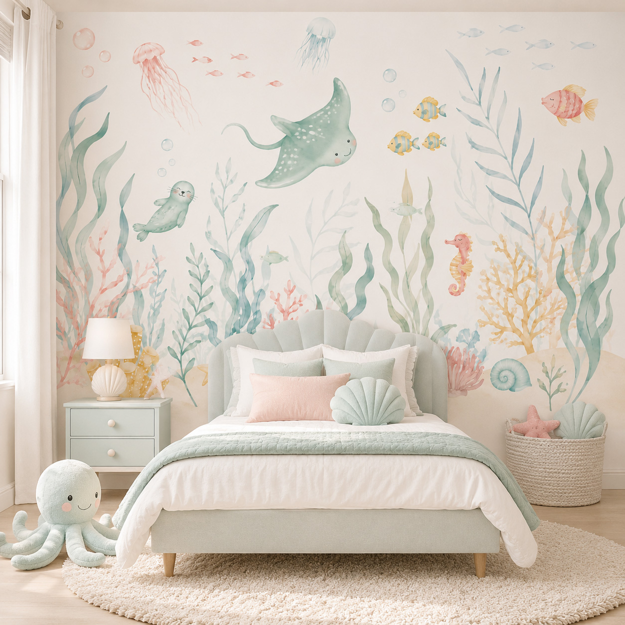 海洋動物柄の自己粘着壁紙 パステルカラーの海の生き物 ウォー - Baby Nursery Peel And Stick Wallpaper のレビューと価格