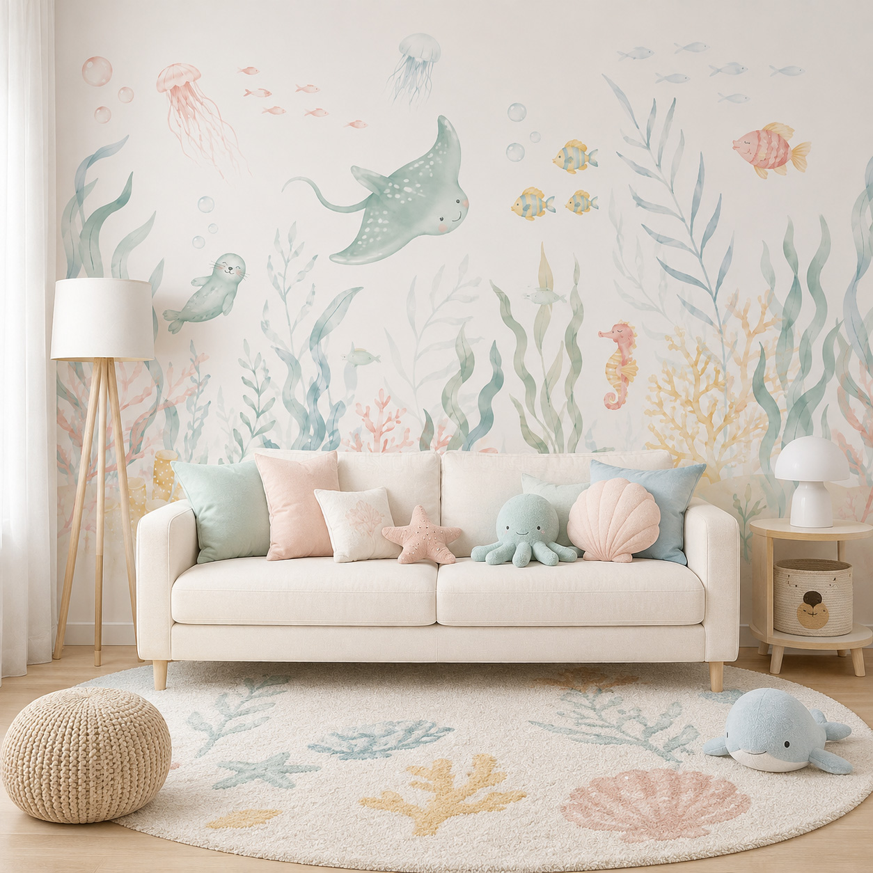 海洋動物柄の自己粘着壁紙 パステルカラーの海の生き物 ウォー - Baby Nursery Peel And Stick Wallpaper のレビューと価格