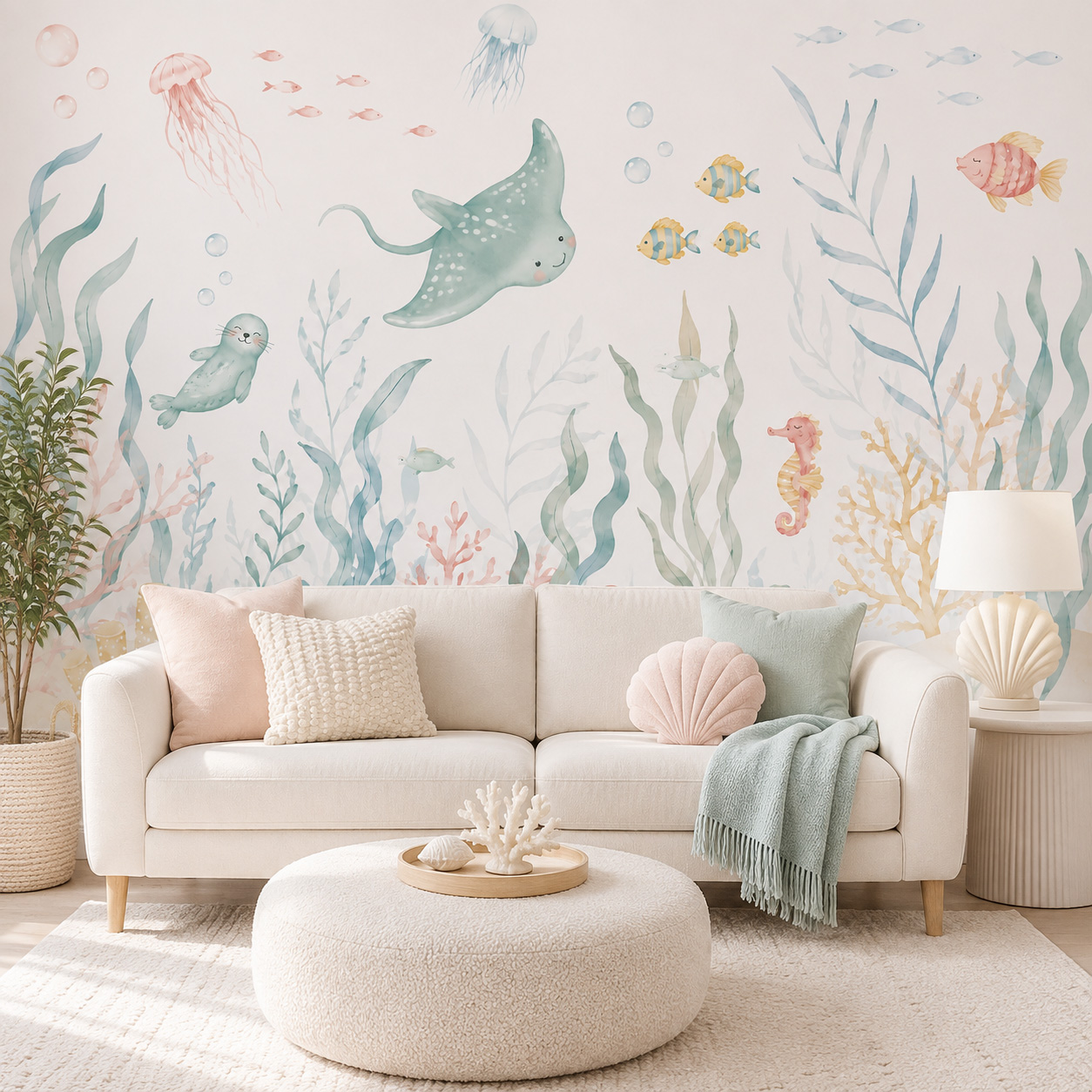 海洋動物柄の自己粘着壁紙 パステルカラーの海の生き物 ウォー - Baby Nursery Peel And Stick Wallpaper のレビューと価格