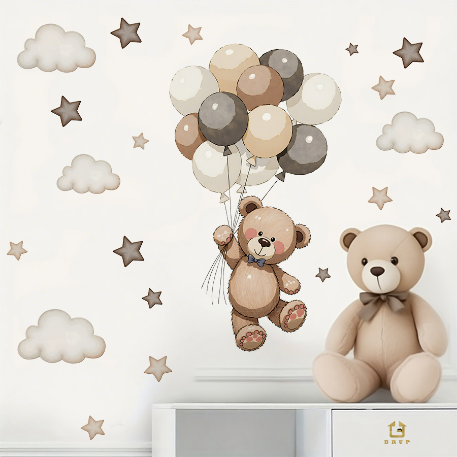 愛らしいテディベアの壁用ステッカー、風船、星、雲付きの取り外 - Baby Nursery Products のレビューと価格