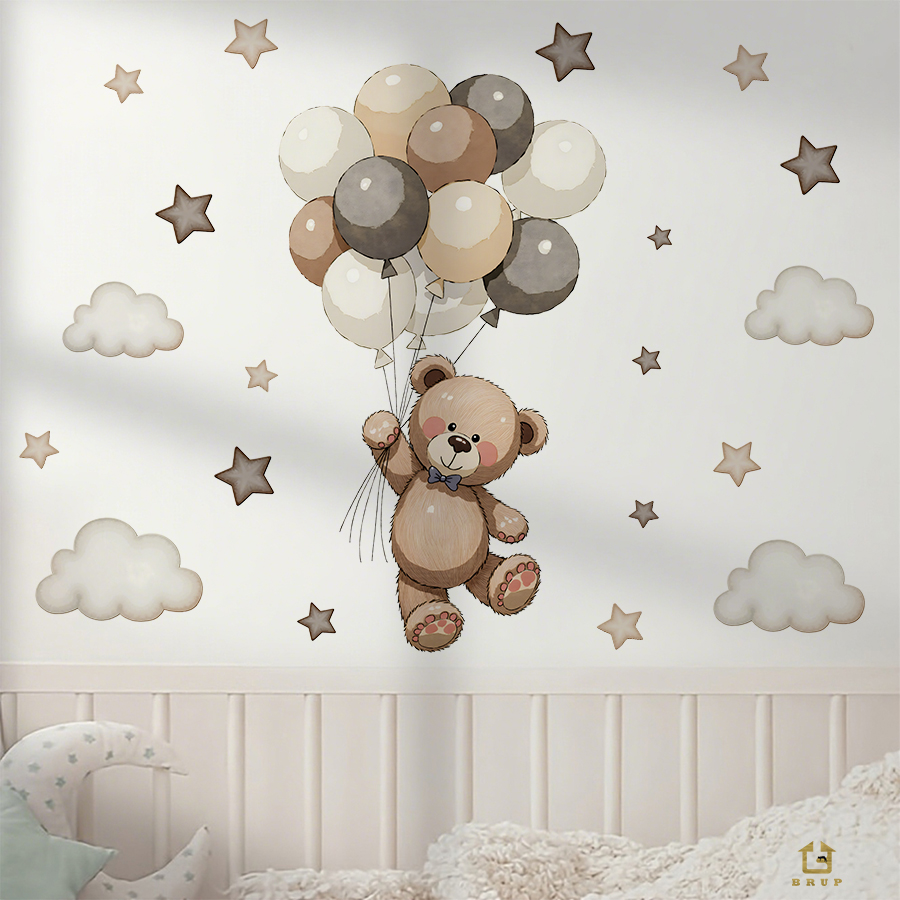 愛らしいテディベアの壁用ステッカー、風船、星、雲付きの取り外 - Baby Nursery Products のレビューと価格